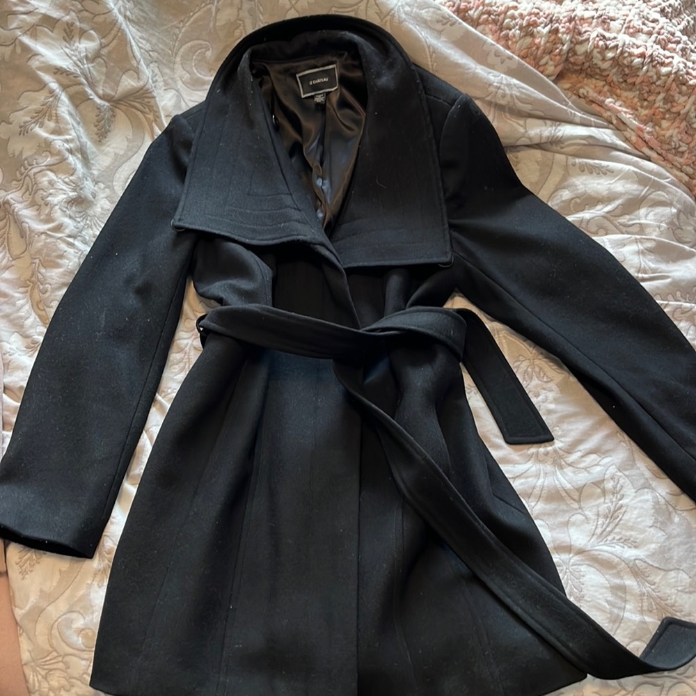Large black pea coat with belt knee trouser length great condition!wool blend